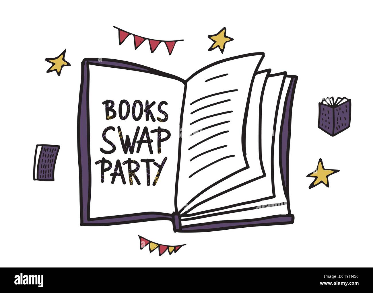 Book Swap Party concept. Hand lettering with doodle style decoration