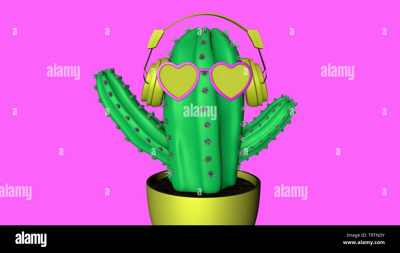 3D illustration of fancy cactus on pastel pink background. Funky cactus