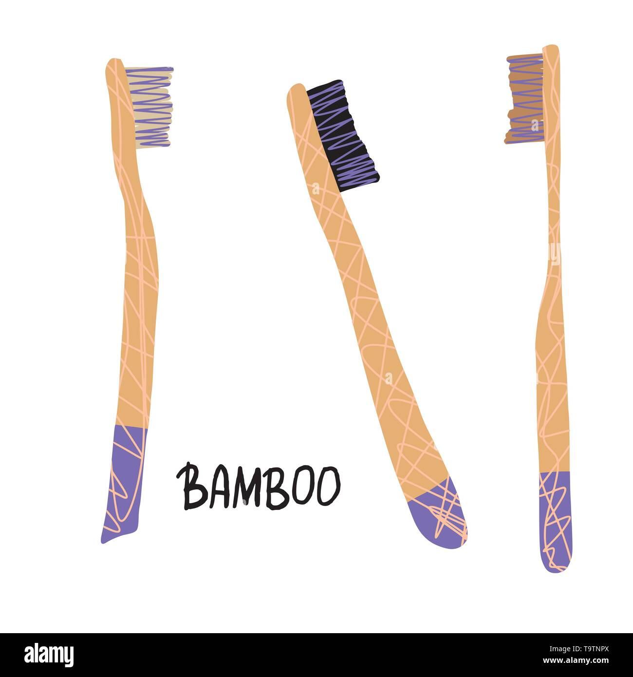 Bamboo toothbrushes set isolated. Zero waste tips. Eco-friendly brushes. Vector illustration. Stock Vector