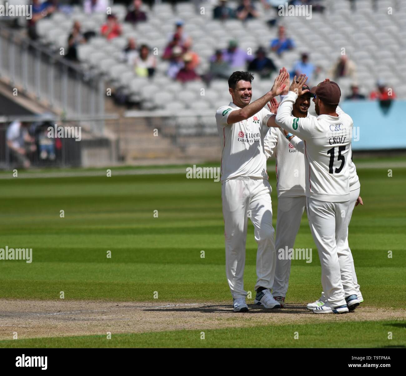 County Cricket. Lancashire v Worcestershire  Emirates Old Trafford  20th May 2019  James Anderson (Lancashire) receives congratulations for taking the wicket of Ed Barnnard (Worcestershire). Stock Photo