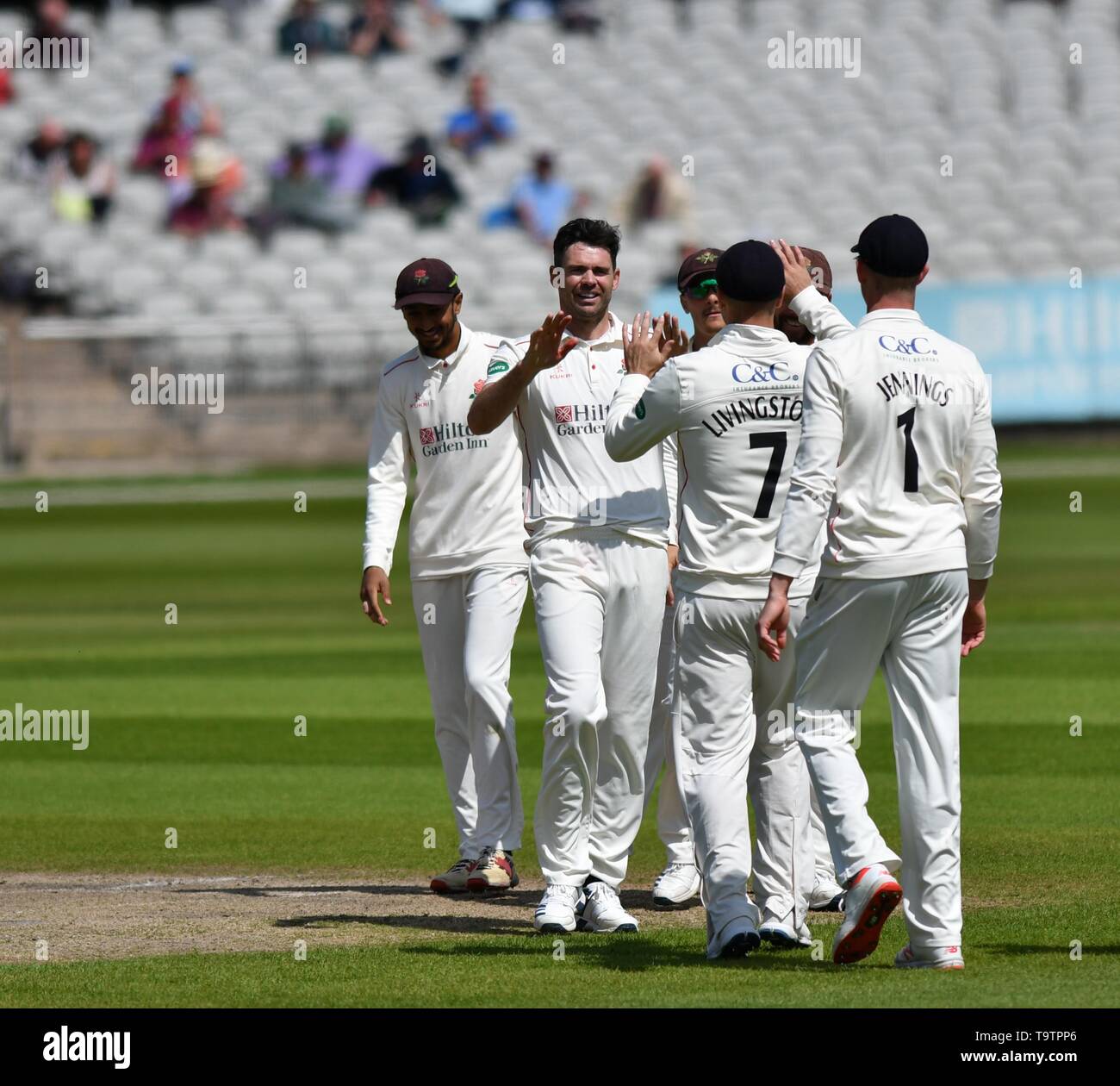 County Cricket. Lancashire v Worcestershire  Emirates Old Trafford  20th May 2019  James Anderson (Lancashire) receives congratulations for taking the wicket of Ed Barnnard (Worcestershire) caught by Liam Livingstone. Stock Photo