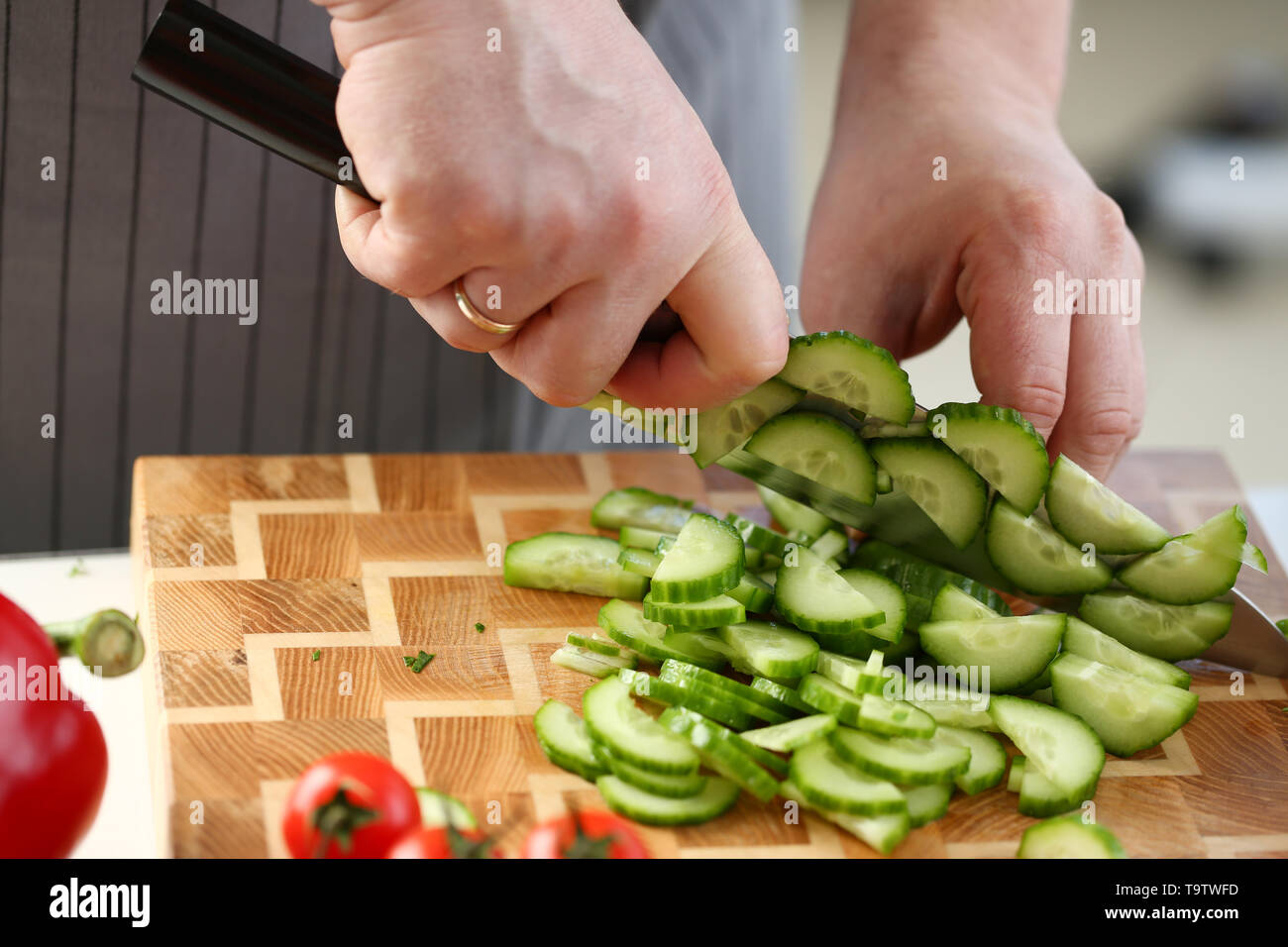 Culinary Male Chopping Green Dieting Cucumber Stock Photo