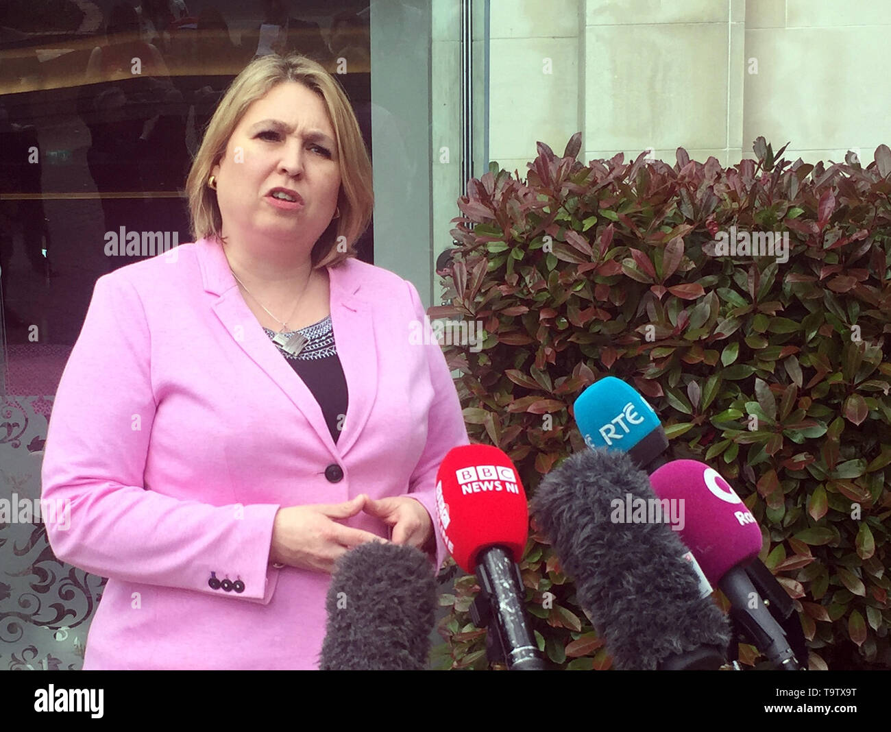 Secretary of State for Northern Ireland Karen Bradley speaks to the media outside Stormont Hotel in Belfast. Political leaders in Northern Ireland have accused the Secretary of State of employing delaying tactics to frustrate compensation payments for abuse victims. Stock Photo