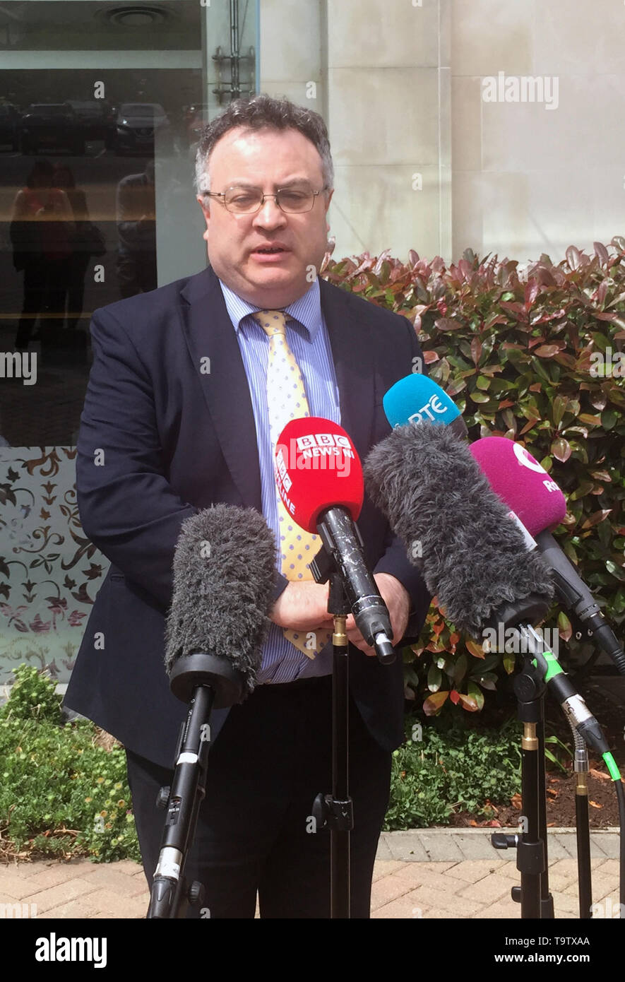 Alliance Party deputy leader Stephen Farry speaks to the media outside Stormont Hotel in Belfast. Political leaders in Northern Ireland have accused the Secretary of State for Northern Ireland Karen Bradley of employing delaying tactics to frustrate compensation payments for abuse victims. Stock Photo