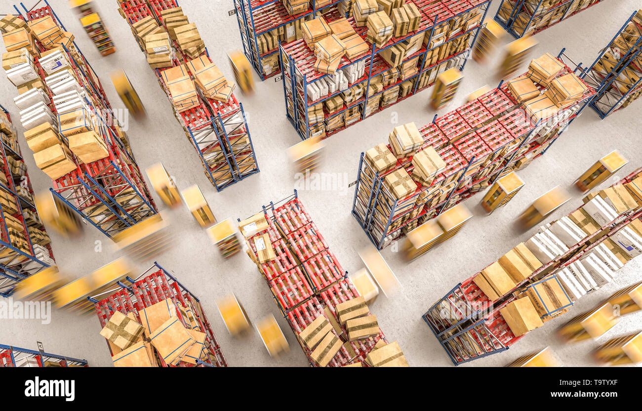 automated storage warehouse with drones used to transport goods independently. 3d render image. Stock Photo