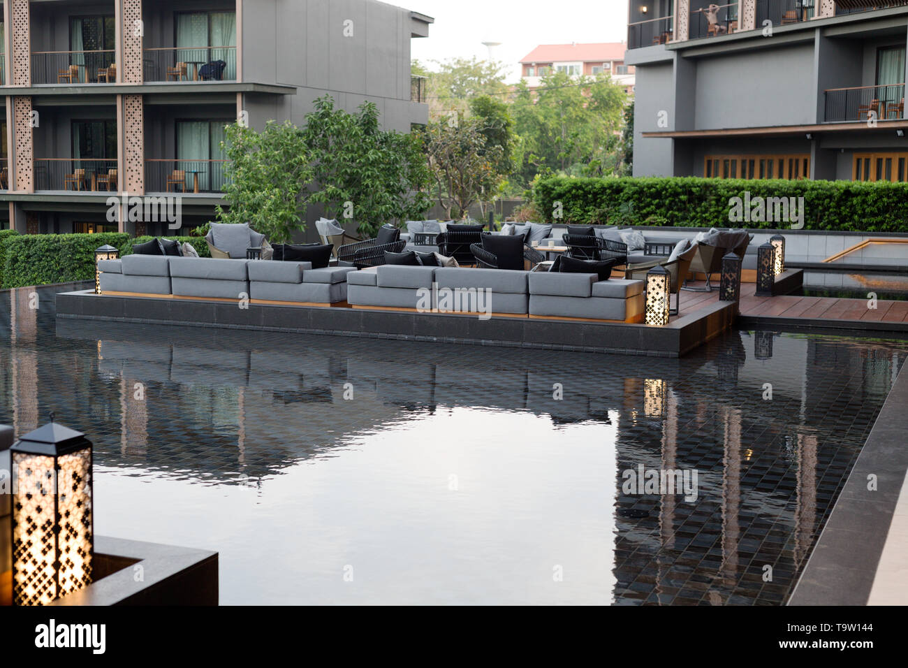 Pool house with sofas lobby Stock Photo Alamy