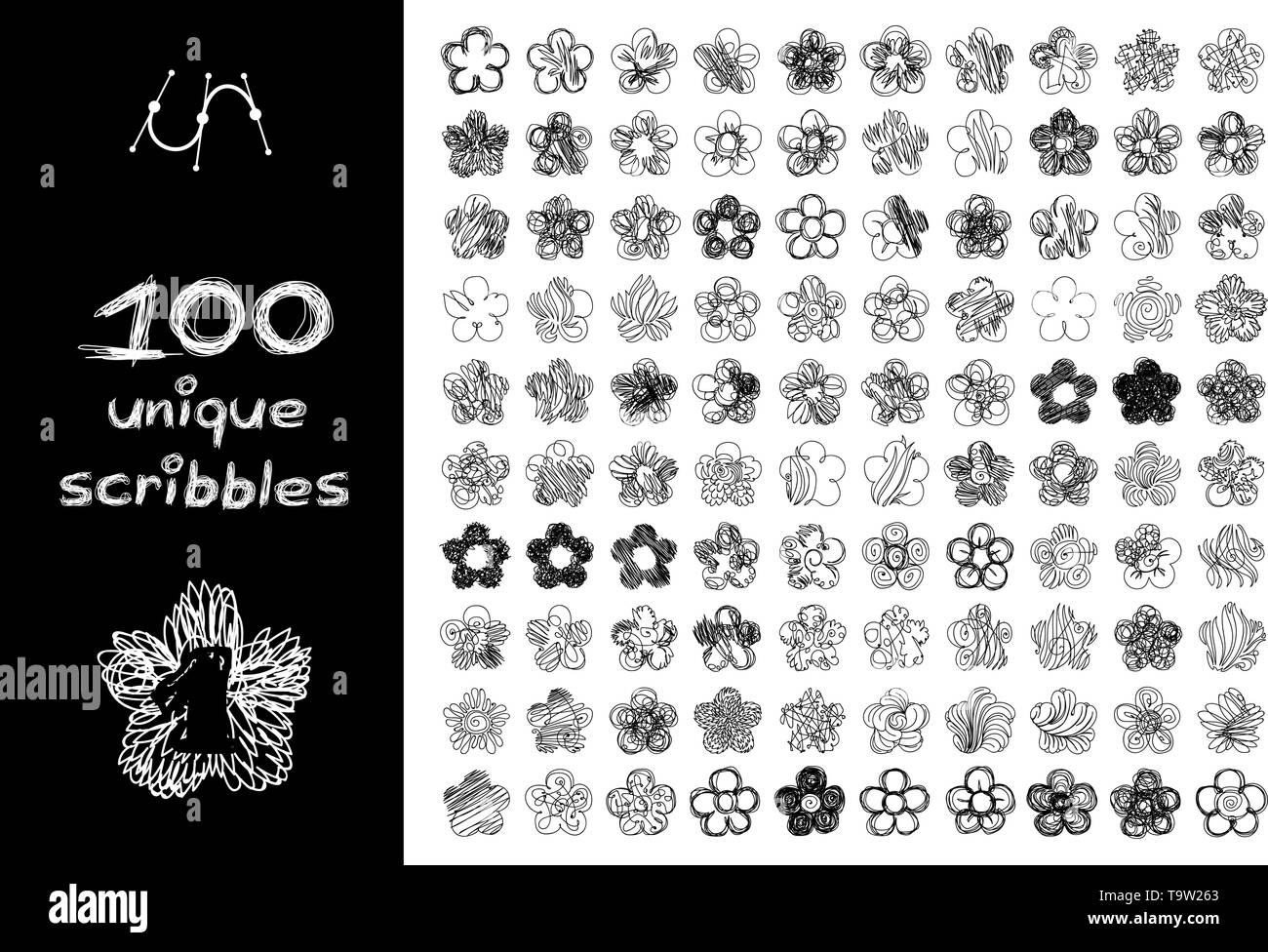 vector black 100 SCRIBBLES objects set isolated on white Stock Vector