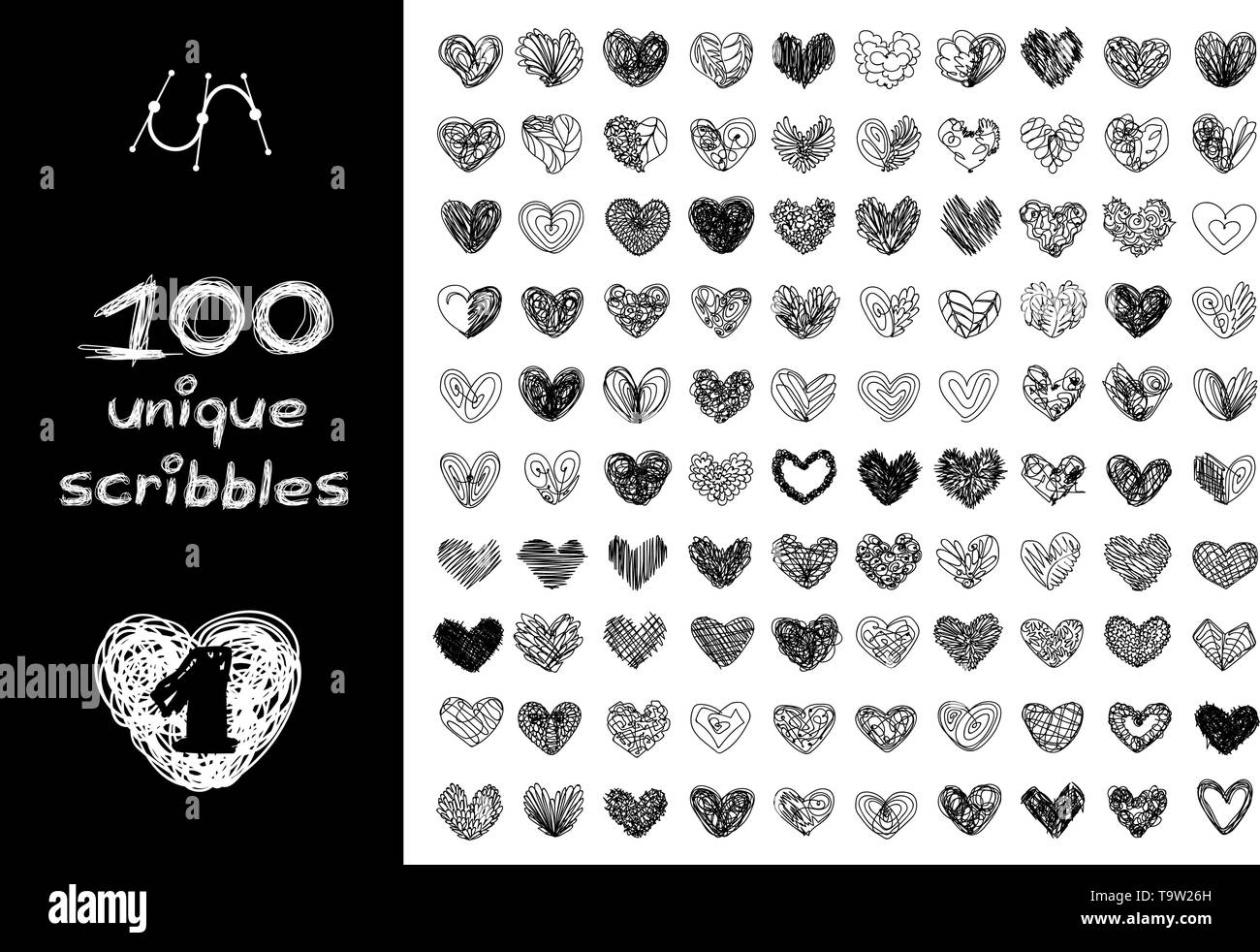 vector black 100 SCRIBBLES objects set isolated on white Stock Vector