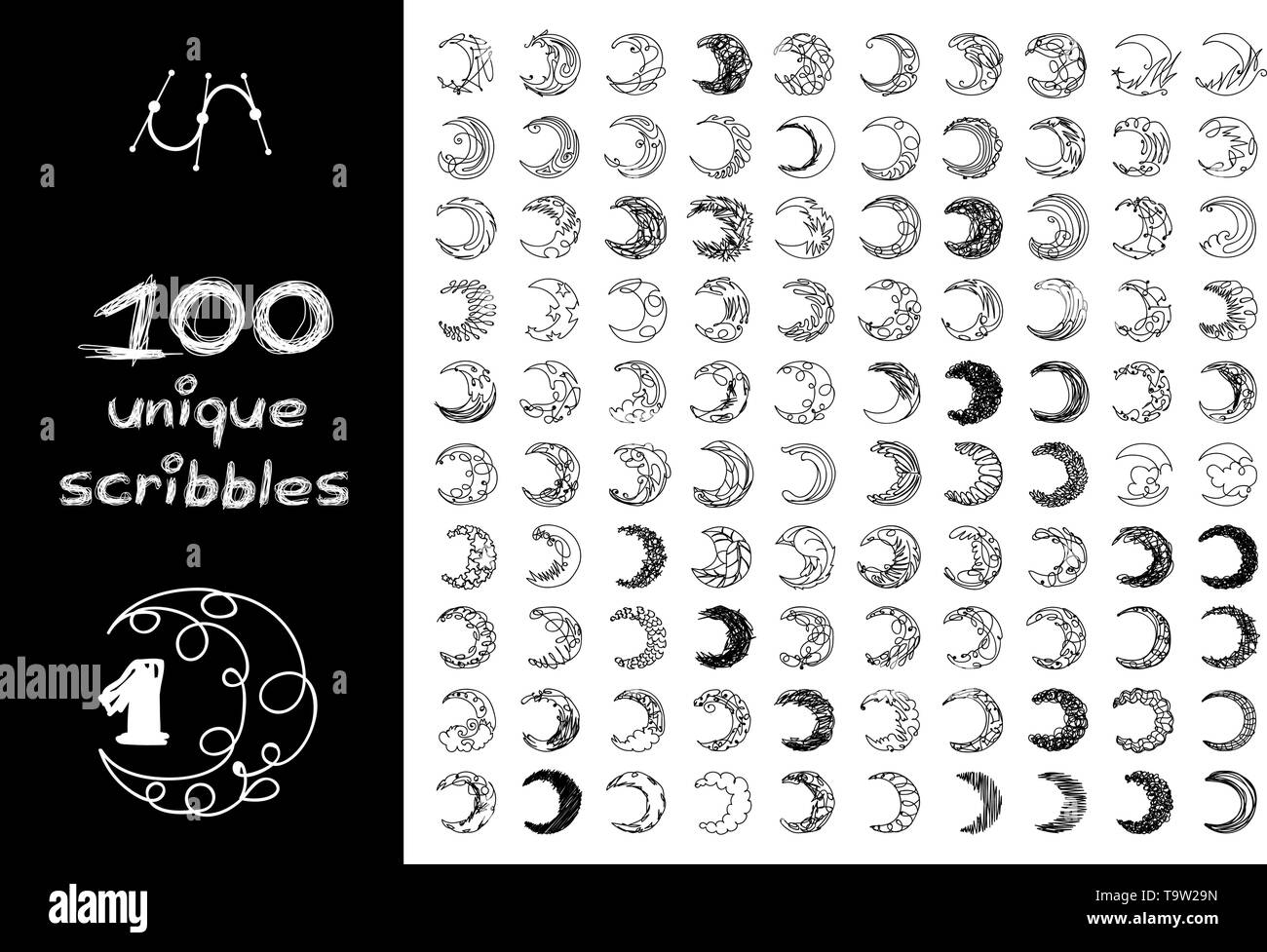 vector black 100 SCRIBBLES objects set isolated on white Stock Vector