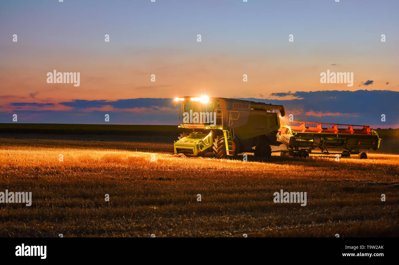 Dobrich, Bulgaria - JULY 08, 2016: Claas Lexion 660 combine harvester on display at the annual Nairn Farmers Show on July 08, 2016 in Dobrich, Bulagri Stock Photo