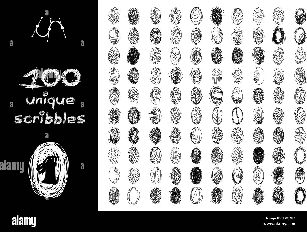 vector black 100 SCRIBBLES objects set isolated on white Stock Vector