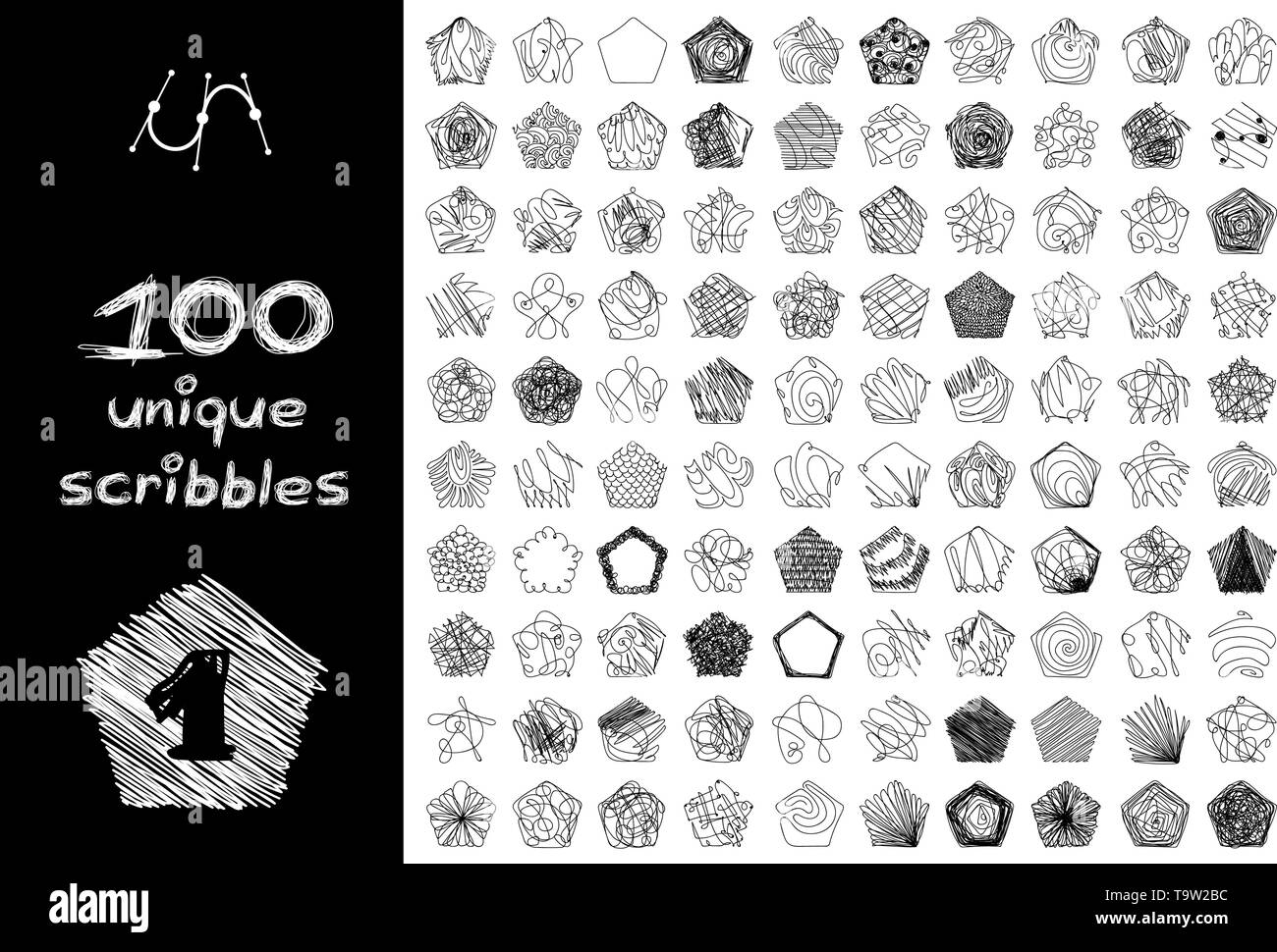 vector black 100 SCRIBBLES objects set isolated on white Stock Vector