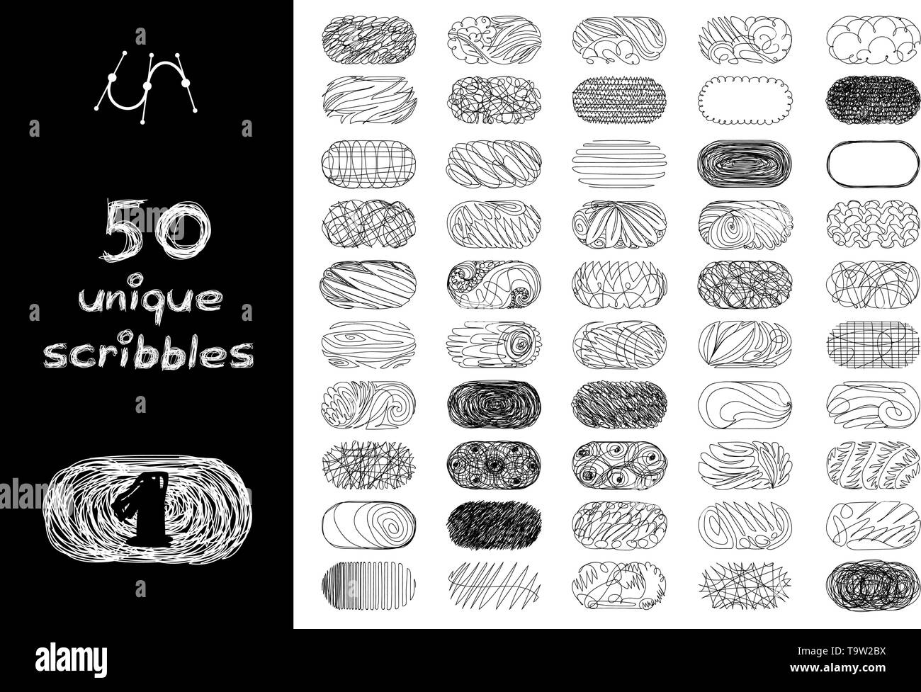 vector black 50 SCRIBBLES objects set isolated on white Stock Vector