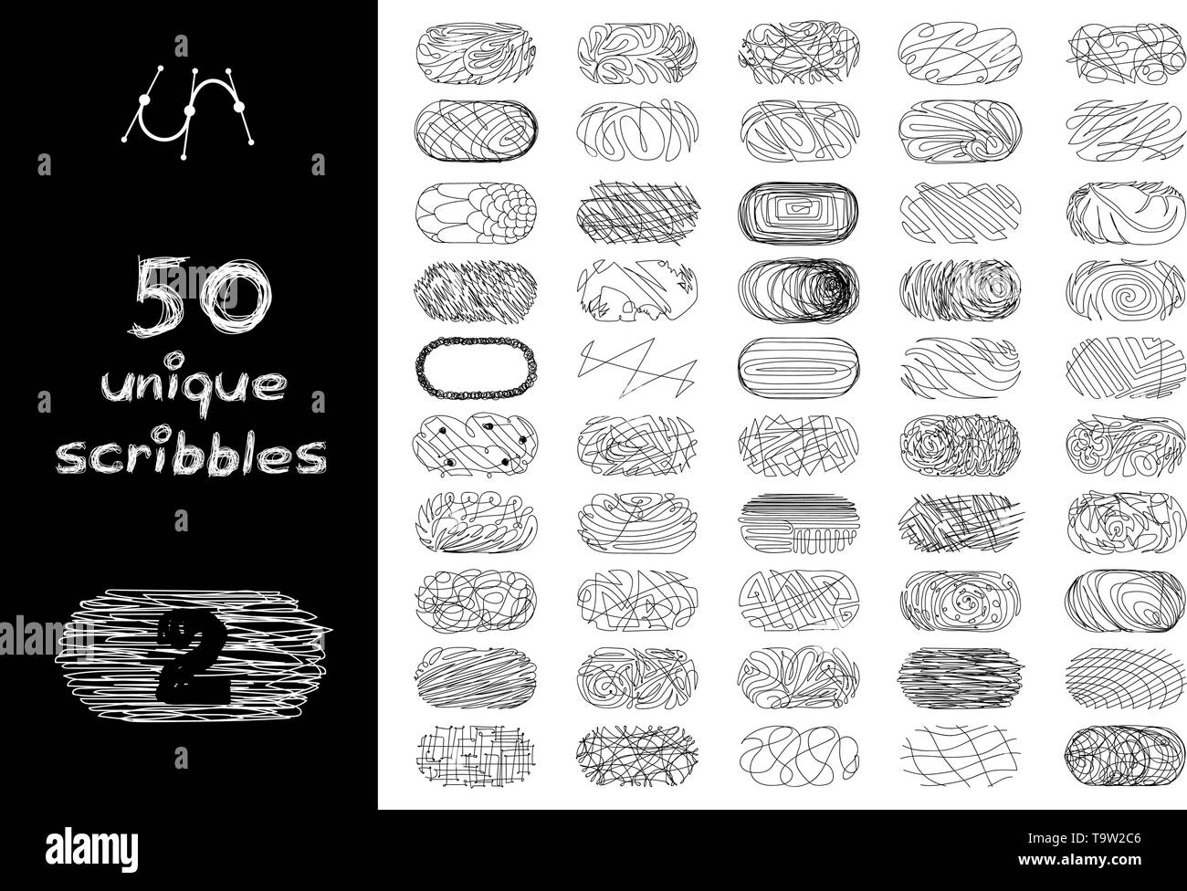 vector black 50 SCRIBBLES objects set isolated on white Stock Vector