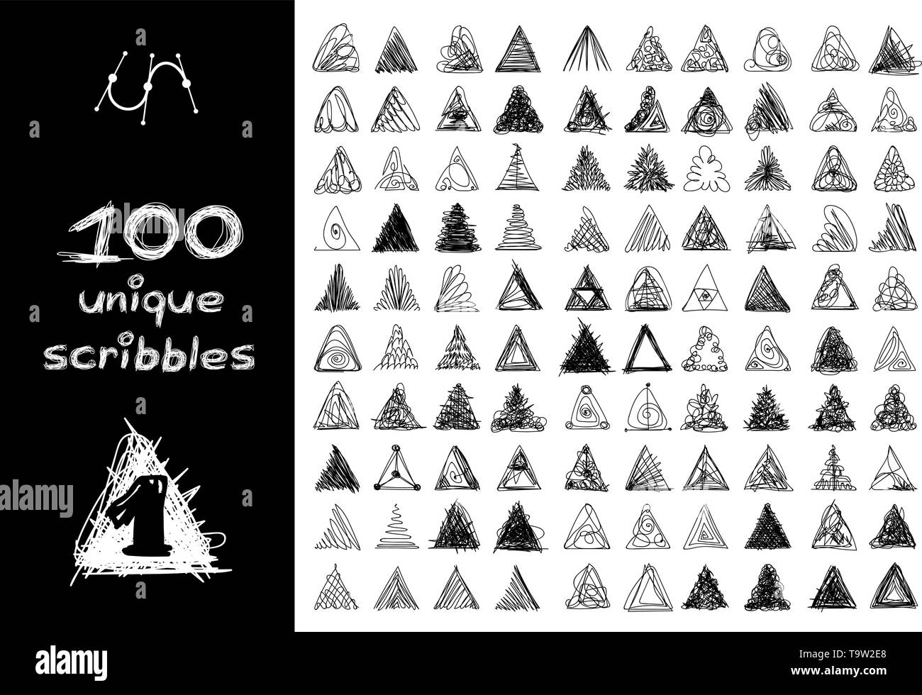 vector black 100 SCRIBBLES objects set isolated on white Stock Vector