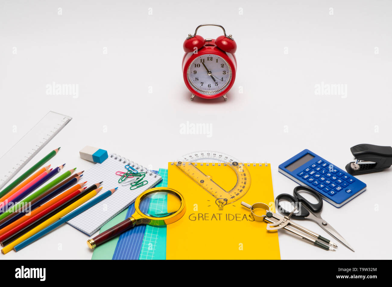 colorful collection of school supplies set on white background. back to ...