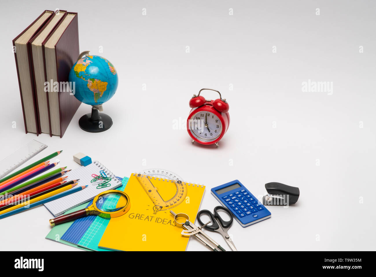 colorful collection of school supplies set on white background. back to ...