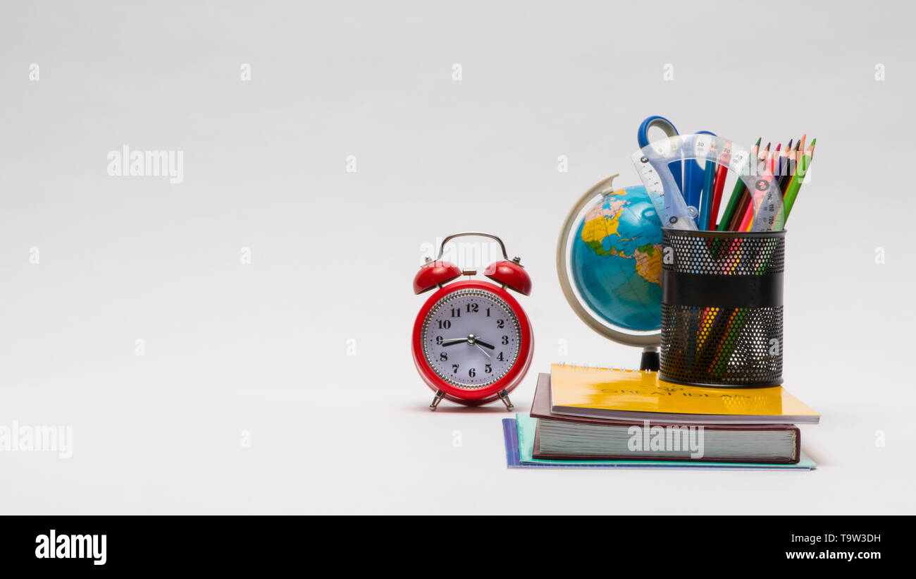 colorful collection of school supplies set on white background. back to ...