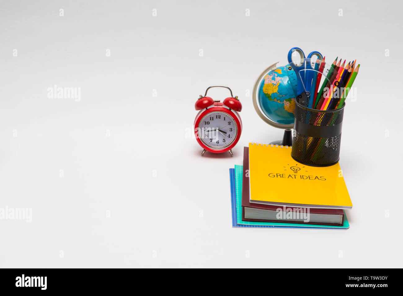 colorful collection of school supplies set on white background. back to ...