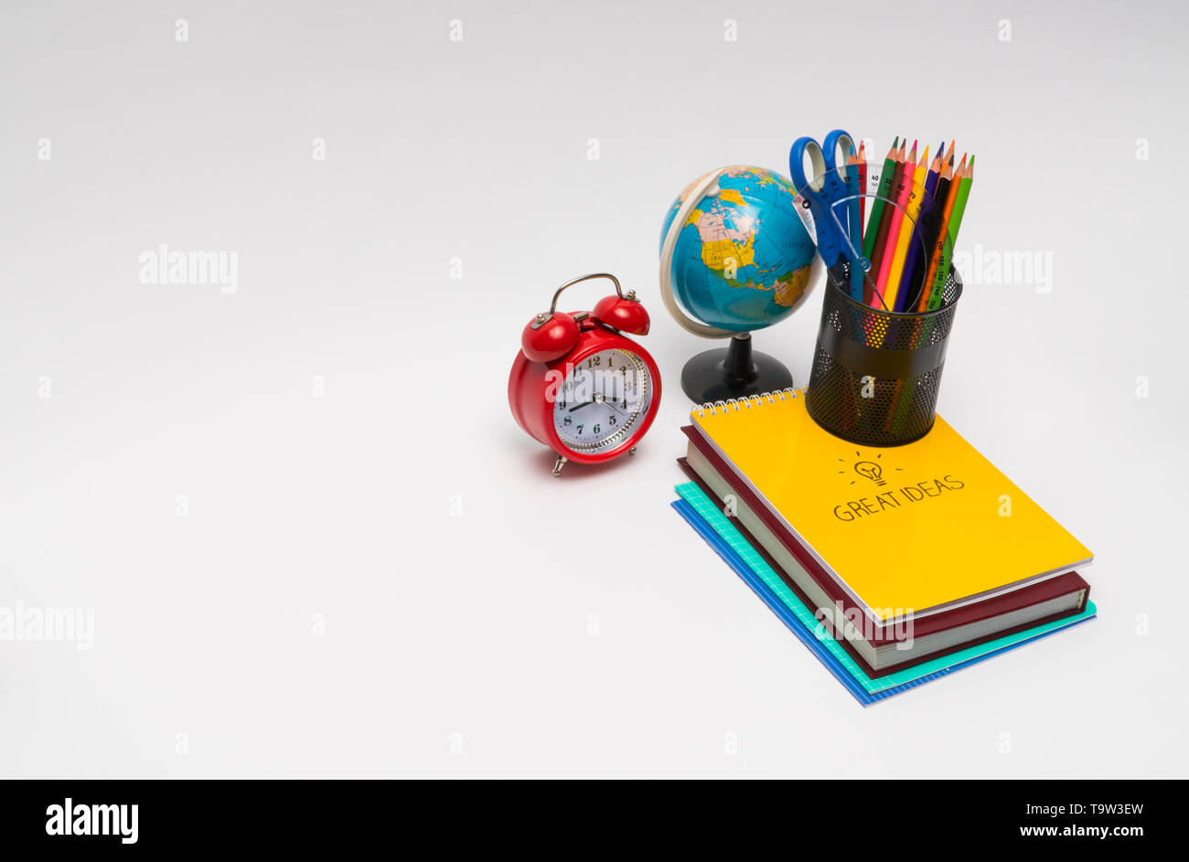 colorful collection of school supplies set on white background. back to ...