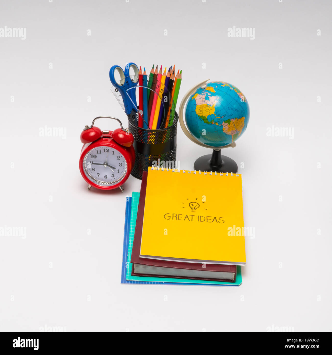 colorful collection of school supplies set on white background. back to ...