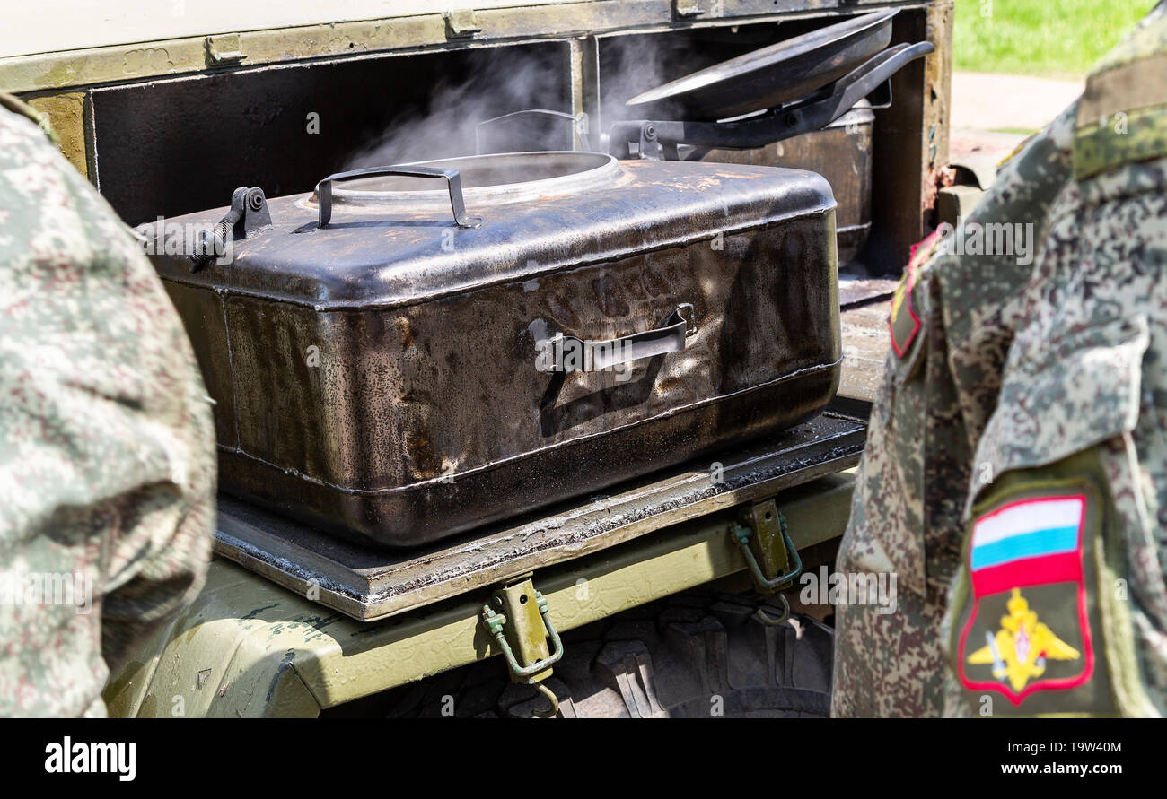 Mobile metal military kitchen stove to feed soldiers Stock Photo