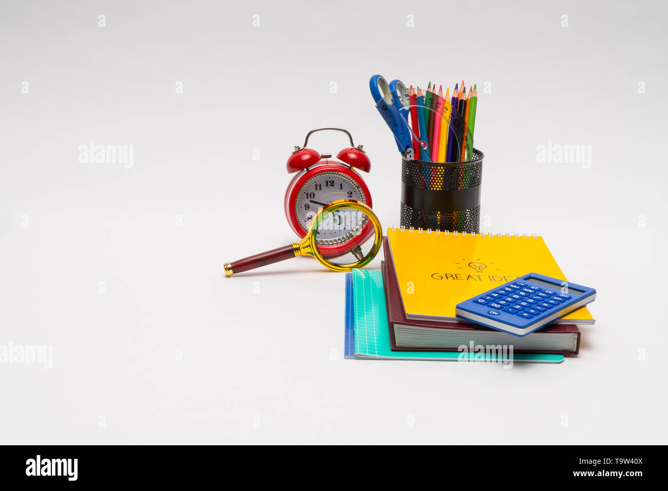 colorful collection of school supplies set on white background. back to ...