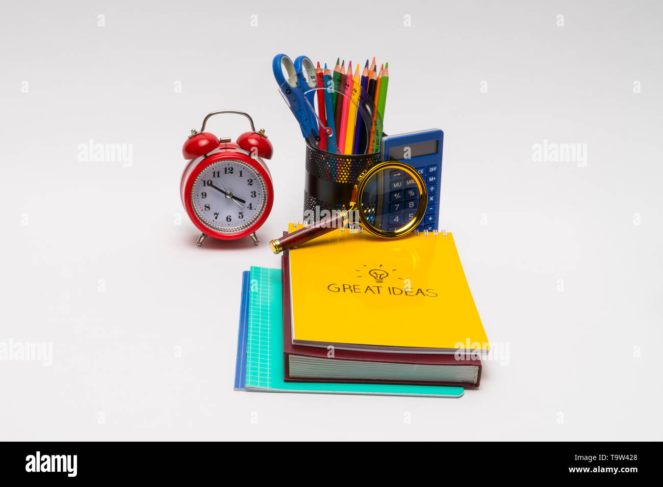 colorful collection of school supplies set on white background. back to ...