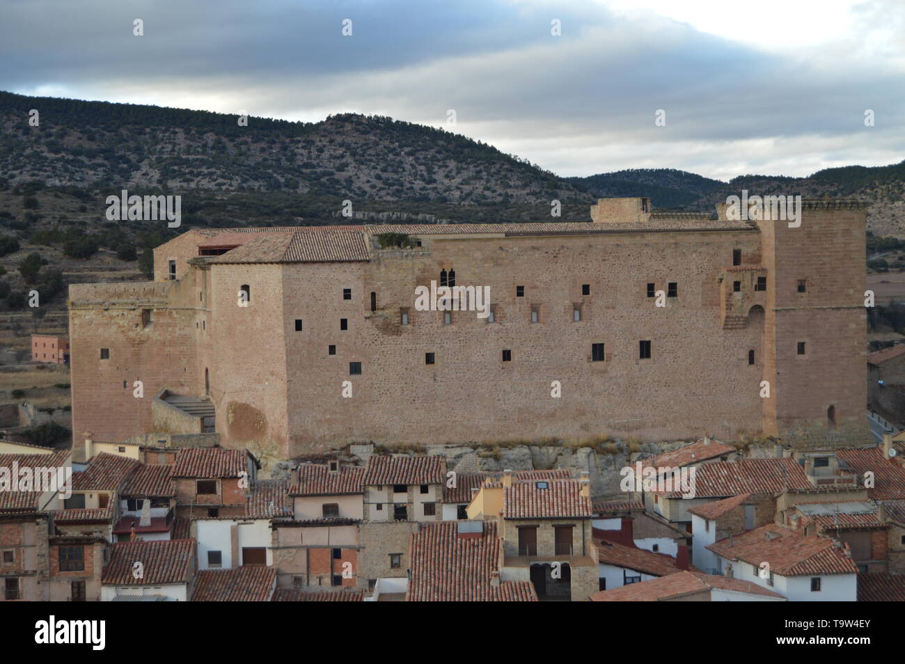 December 27, 2013. Mora De Rubielos. Teruel, Aragon, Spain. Beautiful View Of The Castle Of The XII Century On A Very Cloudy Day In Mora De Rubielos.  Stock Photo