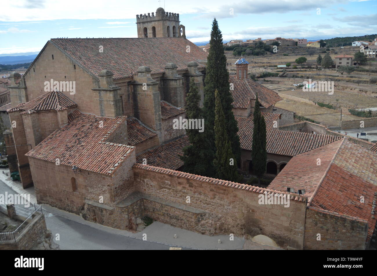December 27, 2013. Mora De Rubielos. Teruel, Aragon, Spain. Aerial View Of The Ex-Collegiate Church Of Santa María, XV Century Gothic Temple And Its C Stock Photo