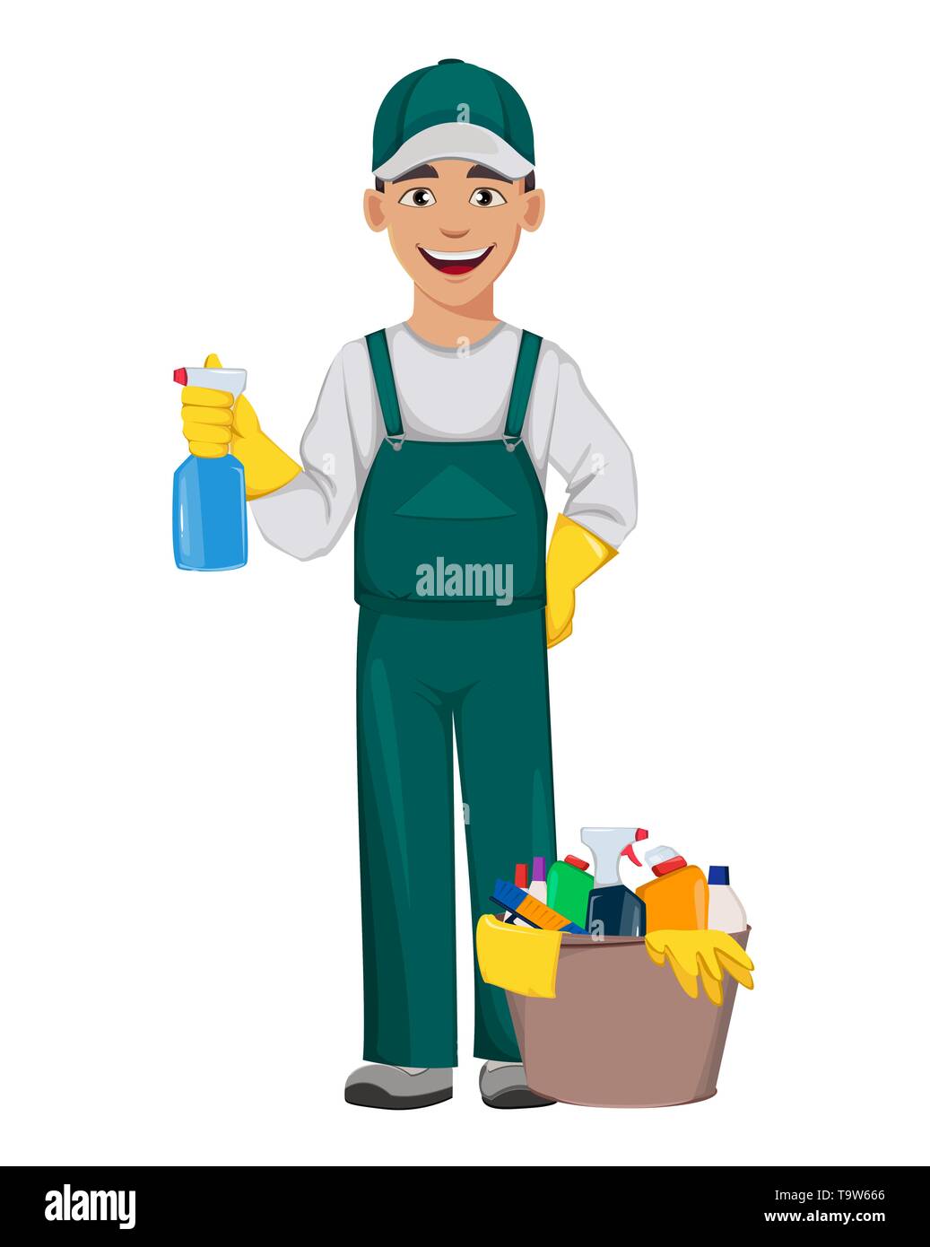 Cleaner man cartoon character holding sprayer. Cleaning service concept. Vector illustration isolated on white background Stock Vector