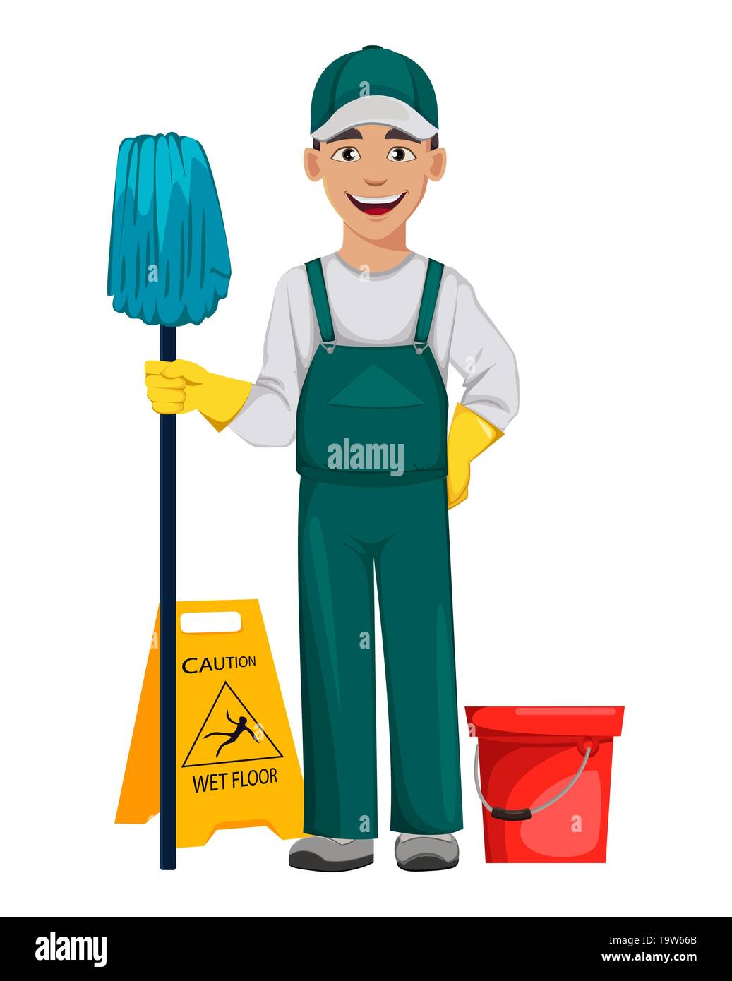 Cleaner man cartoon character cleaning floor. Cleaning service concept.  Vector illustration isolated on white background Stock Vector Image & Art -  Alamy