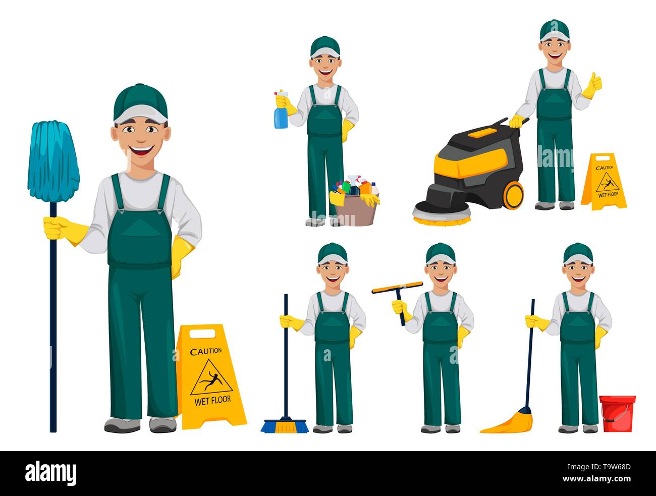 Cleaner man cartoon character, set of six poses. Cleaning service