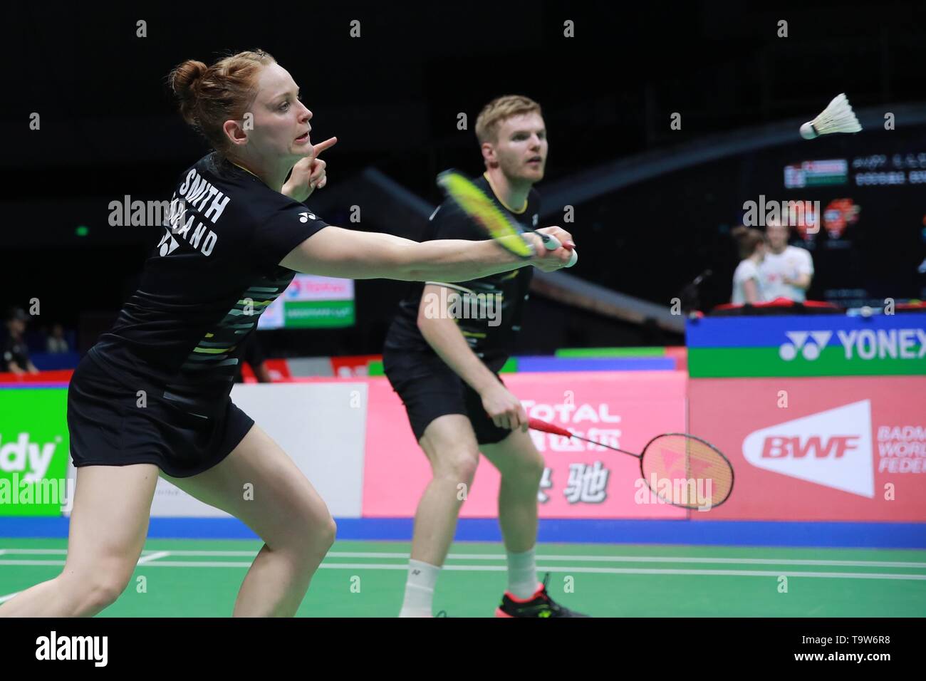 Nanning, China's Guangxi Zhuang Autonomous Region. 20th May, 2019. Marcus Ellis/Lauren Smith(L) of England compete during the mixed doubles match against Mathias Christiansen/Sara Thygesen of Denmark in the group match between Denmark and England at TOTAL BWF Sudirman Cup 2019 held in Nanning, south China's Guangxi Zhuang Autonomous Region, May 20, 2019. Credit: Liu Xu/Xinhua/Alamy Live News Stock Photo