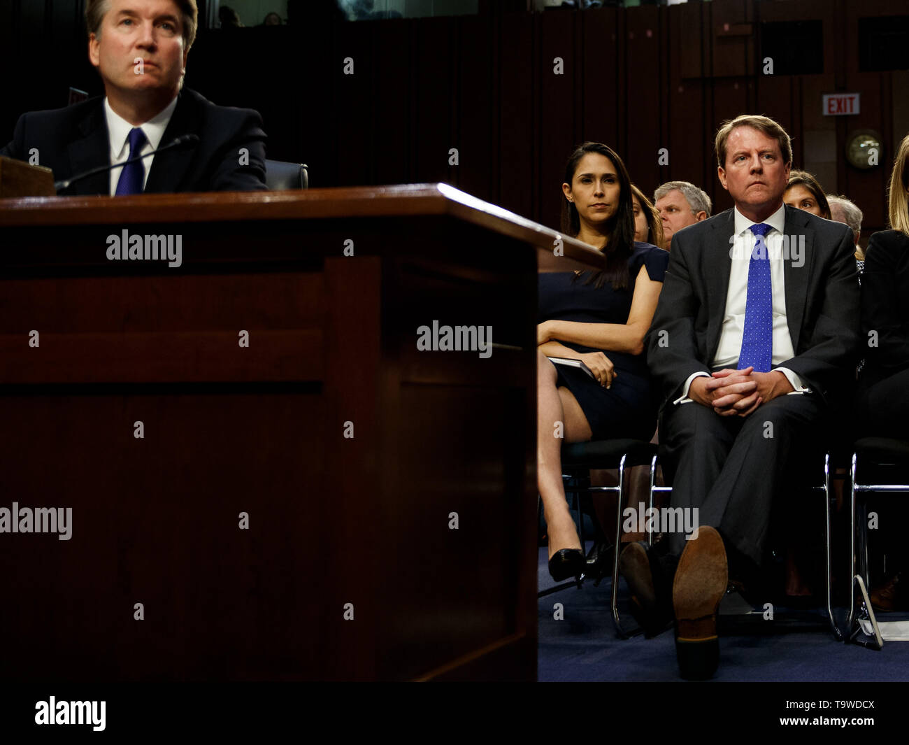 Washington, DC, USA. 4th Sep, 2018. Then White House counsel Don McGahn (R) reacts in the audience during the confirmation hearing for Supreme Court Justice nominee Brett Kavanaugh before the U.S. Senate Judiciary Committee on Capitol Hill in Washington, DC, the United States, on Sept. 4, 2018. The White House on Monday instructed former counsel Don McGahn to defy a congressional subpoena and skip a hearing scheduled for Tuesday relating to the Russia probe. Credit: Ting Shen/Xinhua/Alamy Live News Stock Photo