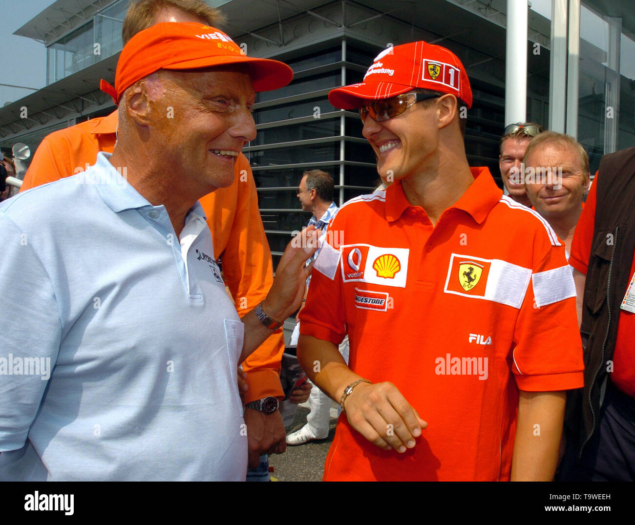 Hockenheim, Deutschland. 21st May, 2019. Niki Lauda died at the age of 70  Michael SCHUMACHER, GER, Ferrari, with Niki LAUDA, AUT, (left), GP of  Germany in Hockenheim on 23.07.2004 Ã,Â| usage worldwide