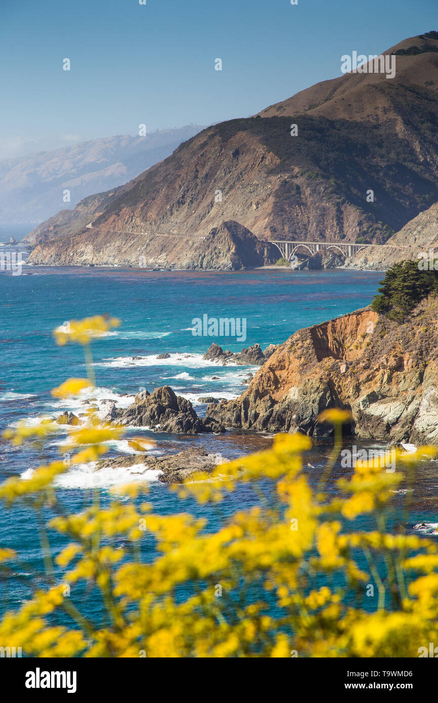 Scenic view of the rugged coastline of Big Sur with Santa Lucia Mountains and Big Creek Bridge along famous Highway 1 in beautiful golden evening ligh Stock Photo
