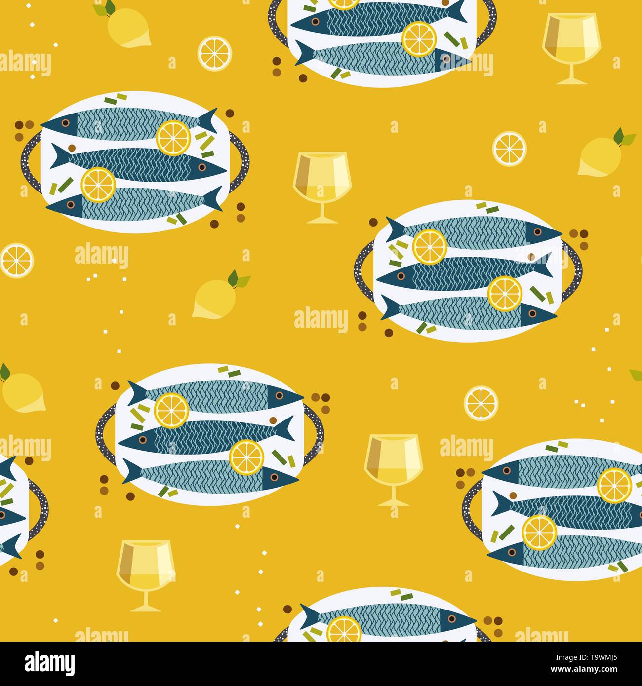 Flat hand drawn fish cooking icons seamless pattern Stock Vector