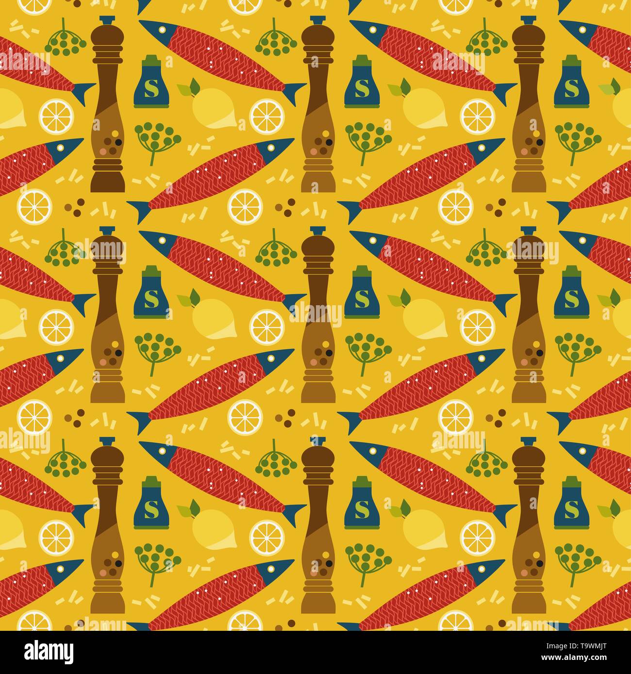 Flat hand drawn fish cooking icons seamless pattern Stock Vector