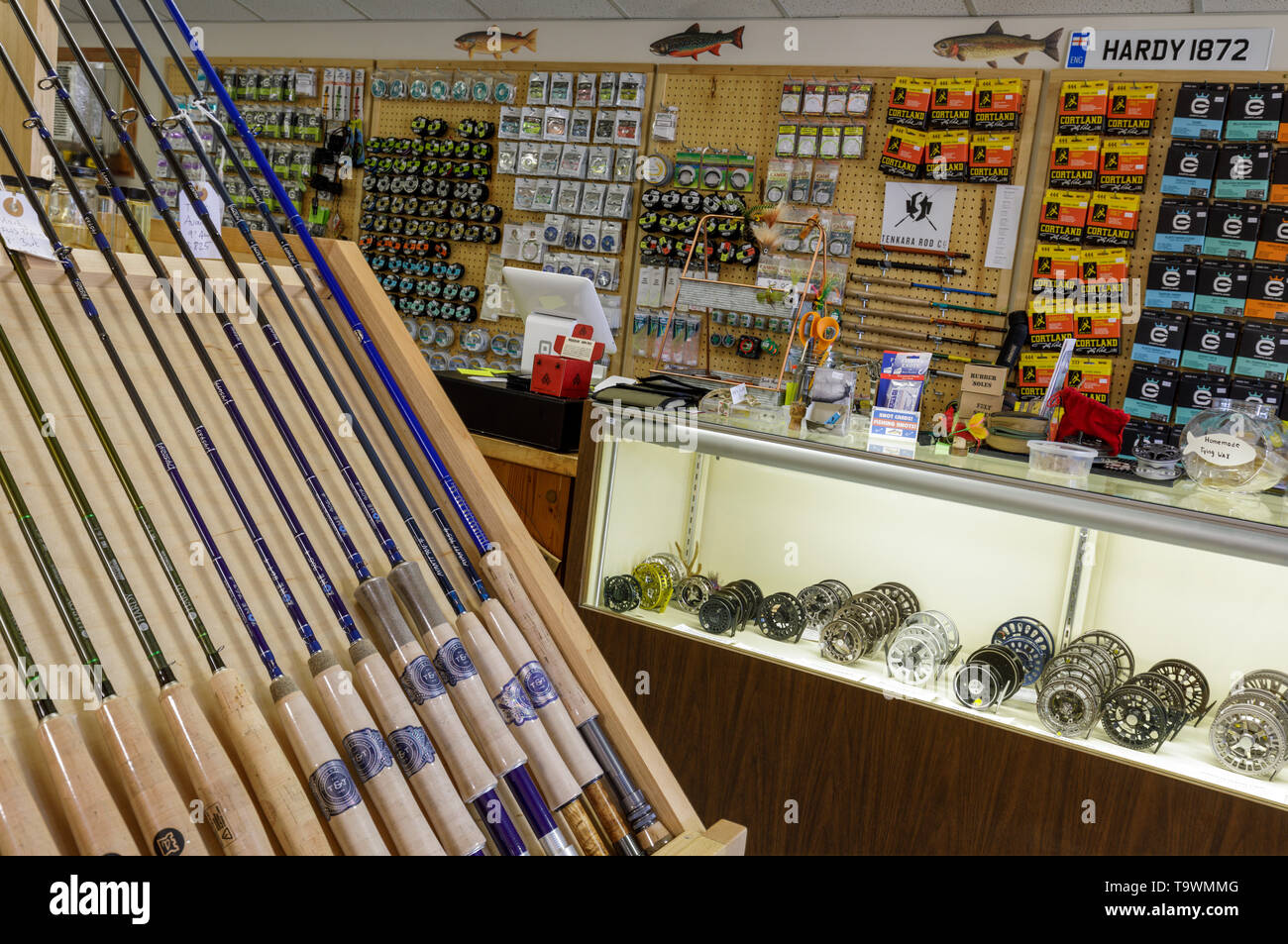 Interior of Dette Fly Shop, oldest family-run fly shop in the world. Roscoe, New York, in the Catskills. Stock Photo