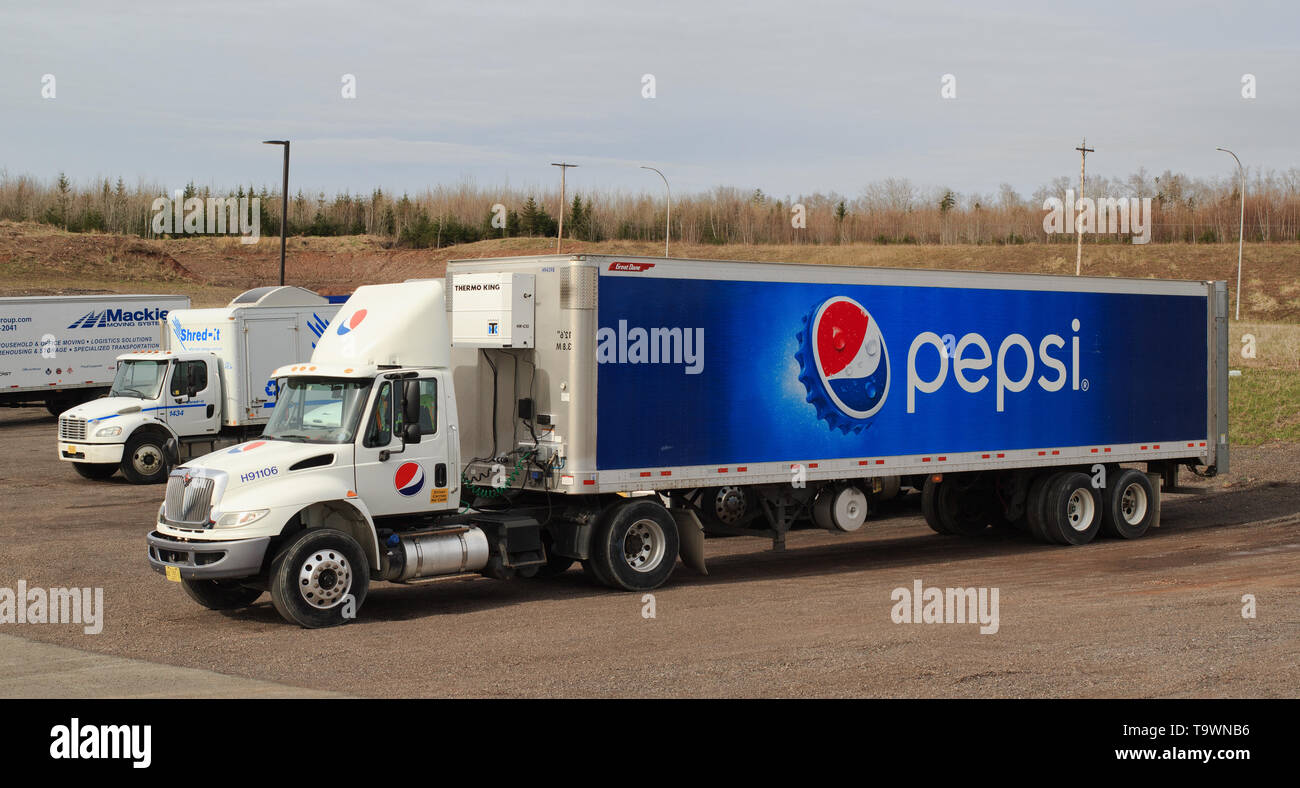 Truro, Canada - May 19, 2019: Parked Pepsi Semi-Truck. Pepsi is a worldwide popular soft drink produced by PepsiCo Inc. Stock Photo