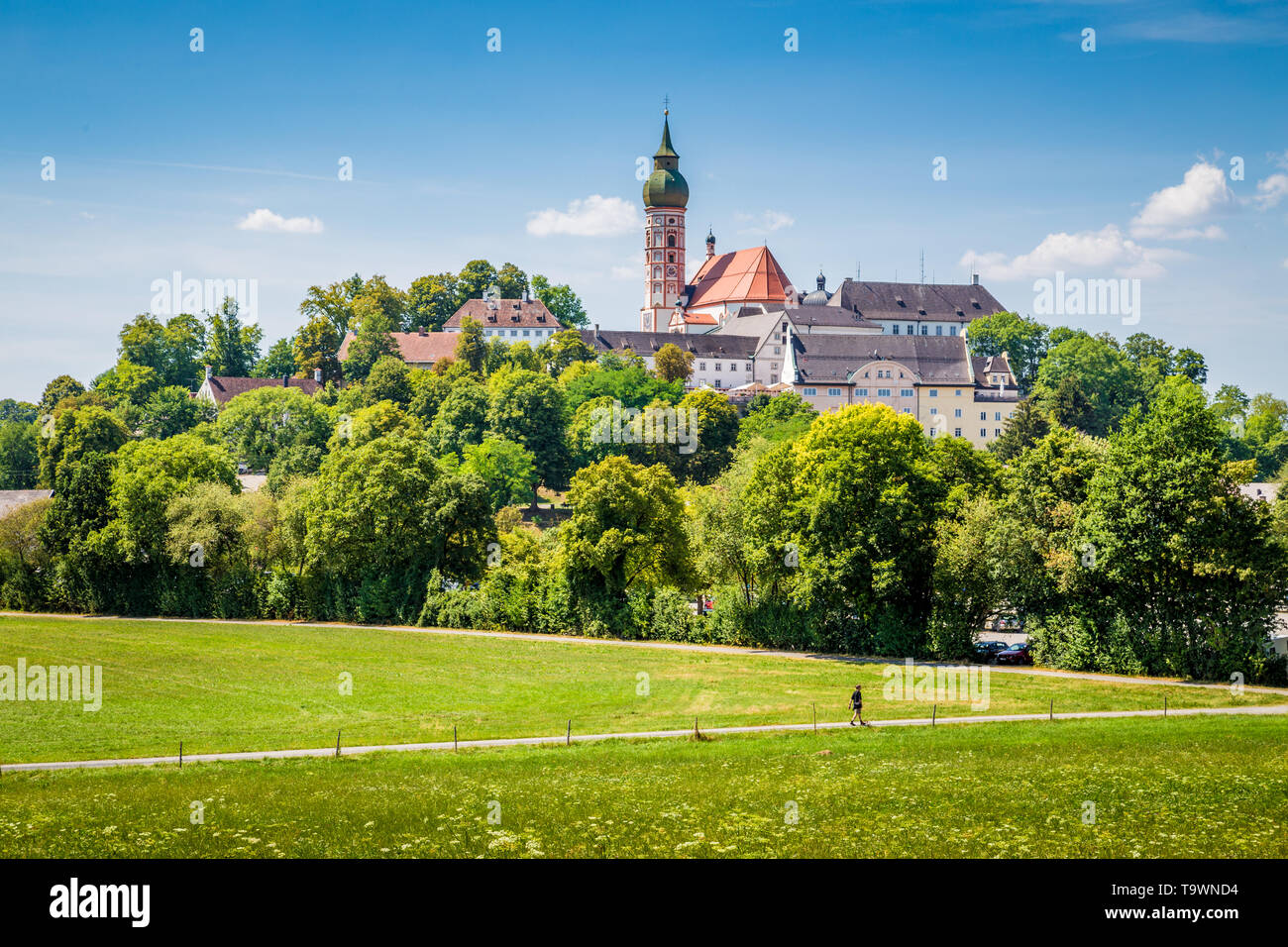 Beautiful view of famous Andechs Abbey on top of a hill in summer, district of Starnberg, Upper Bavaria, Germany Stock Photo