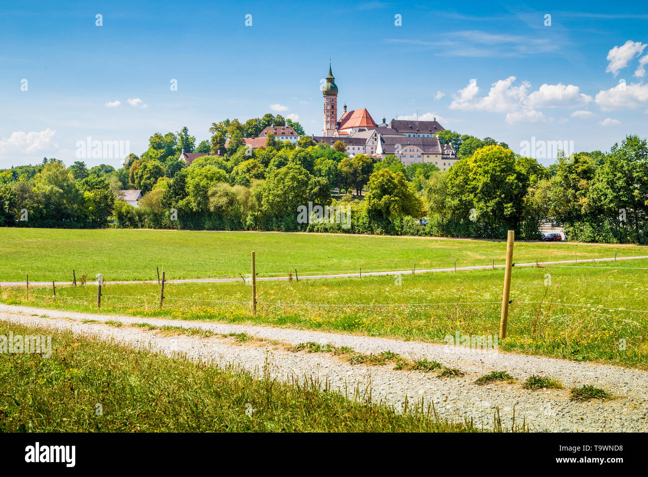 Beautiful view of famous Andechs Abbey on top of a hill in summer, district of Starnberg, Upper Bavaria, Germany Stock Photo