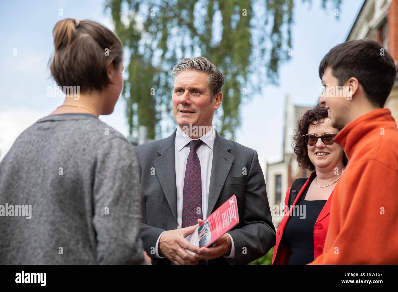 Cardiff, Wales, UK, May 20th 2019. Labour MP Keir Starmer greets young student voters during Welsh Labour campaigning for the European Elections in Ro Stock Photo