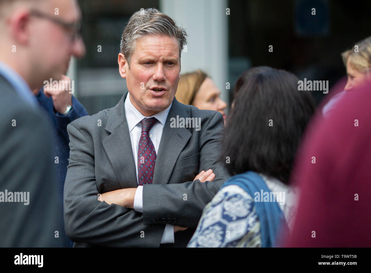 Cardiff, Wales, UK, May 20th 2019. Labour MP Keir Starmer speaks with a supporter during Welsh Labour campaigning for the European Elections in Roath, Stock Photo