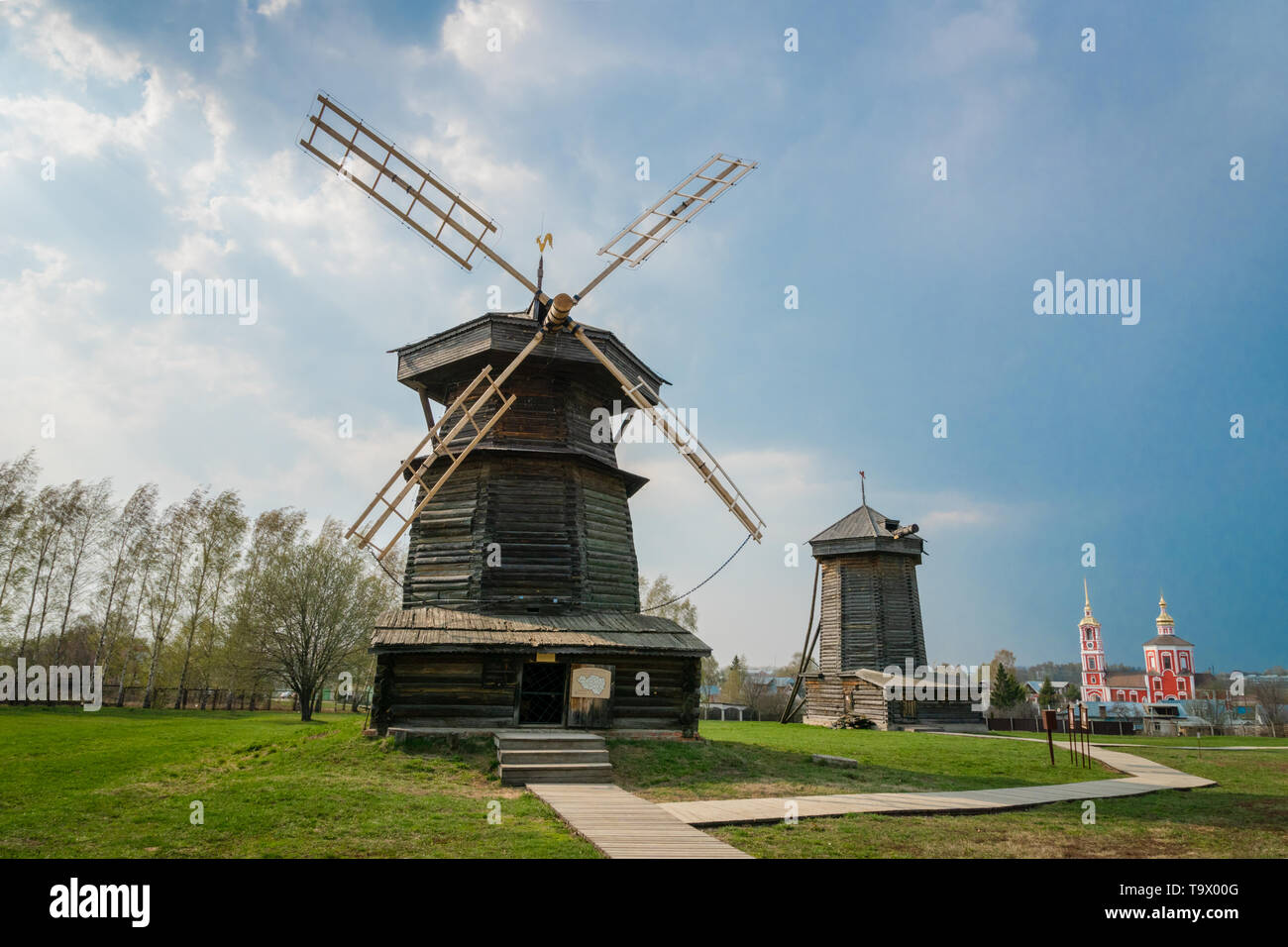 Suzdal, Russia - May 2019:  Wooden traditional buildings in the museum of wooden architecture in Suzdal, Russia. Suzdal is a Golden Ring town Stock Photo