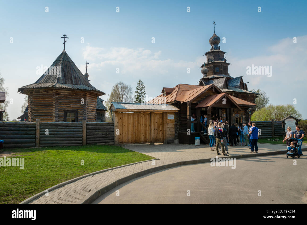 Suzdal, Russia - May 2019:  Wooden traditional buildings in the museum of wooden architecture in Suzdal, Russia. Suzdal is a Golden Ring town Stock Photo