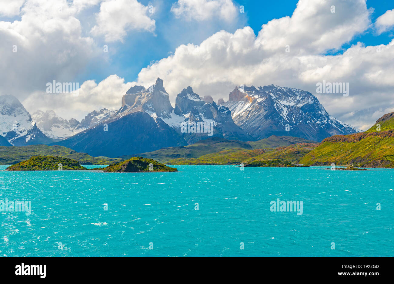 Turquoise glacier waters of Pehoe Lake, the Cuernos and Torres del Paine Andes peaks, Torres del Paine national park, Puerto Natales, Patagonia, Chile. Stock Photo