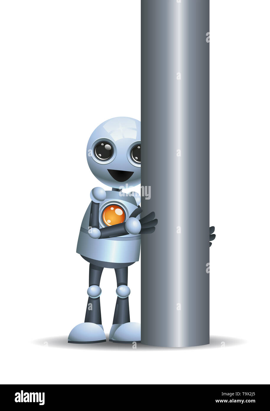 illustration of a little robot hidding behind iron pole on isolated white background Stock Photo