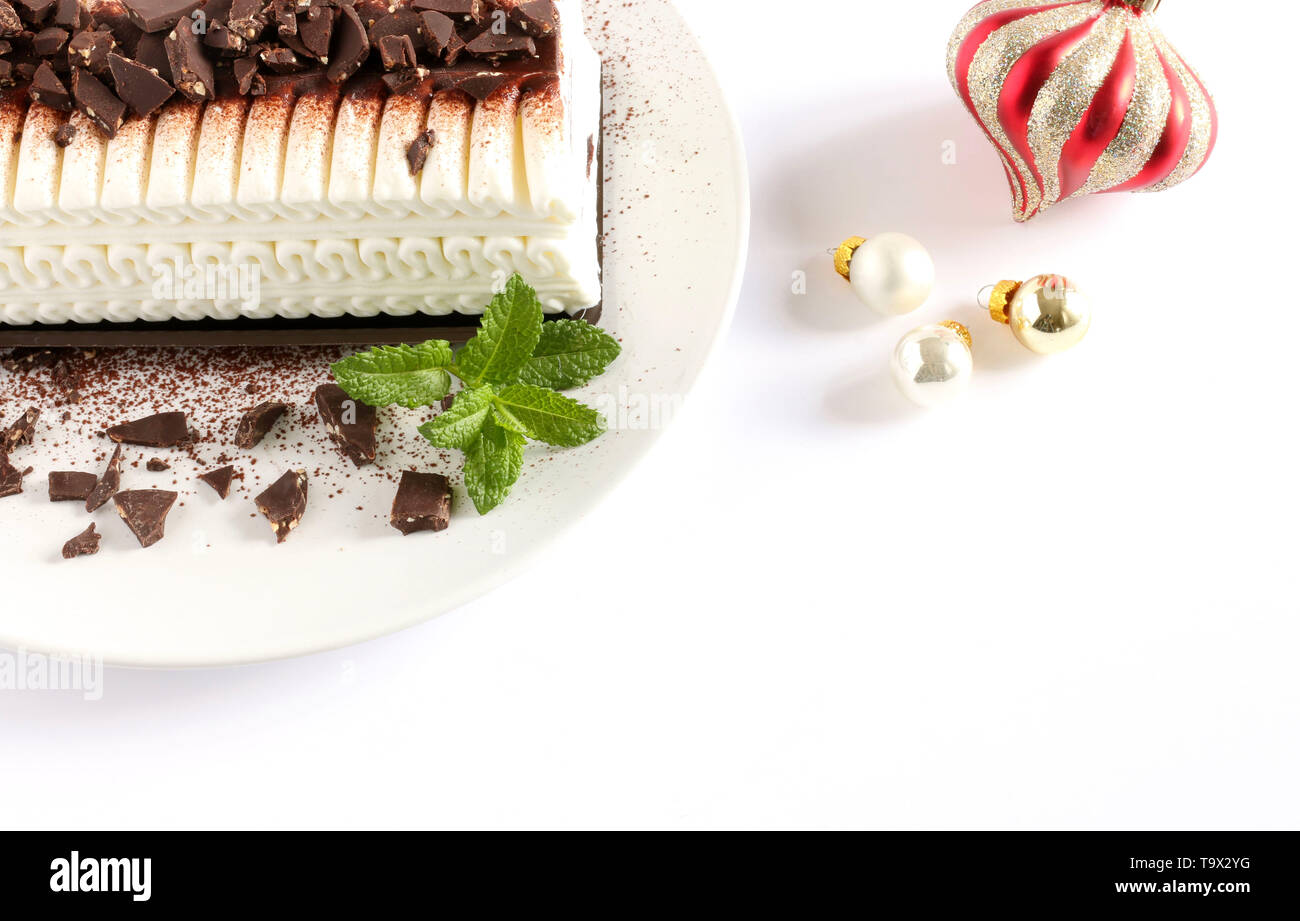 Christmas ice cream yule log cake with chocolate chips on a white